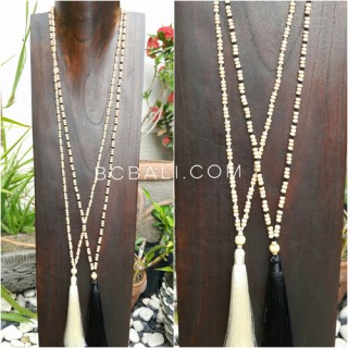 wood beige bead tassels necklace 4color ethnic balinese design